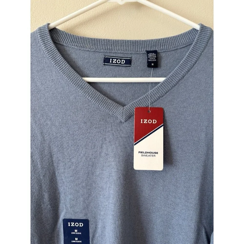 NWT Izod Mens Size M Blue V-Neck Wool Blend Pullover Fieldhouse Sweater